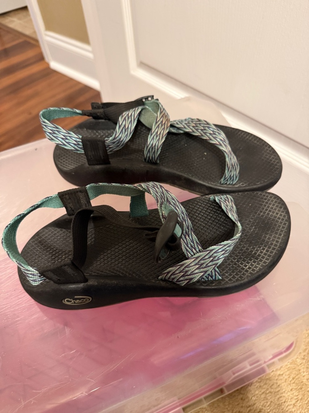 Chaco Black Sandals with Teal Patterned Straps - Picture 2 of 4